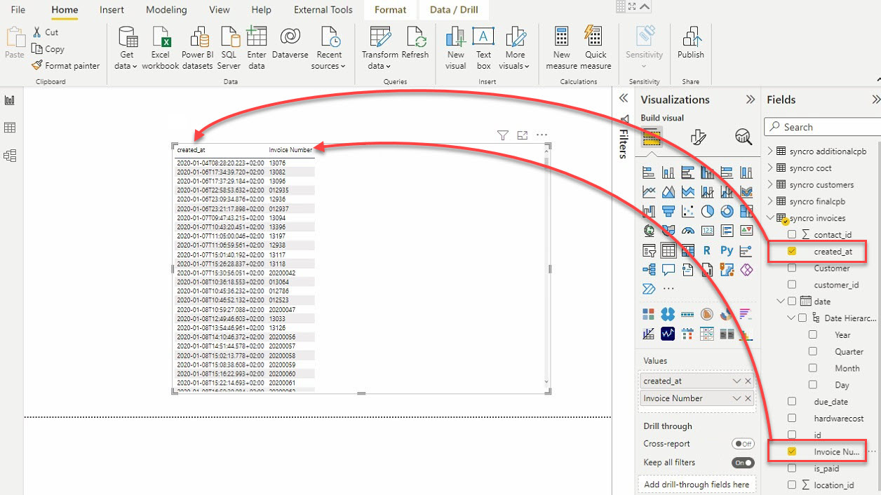 Adding data fields to the table visual