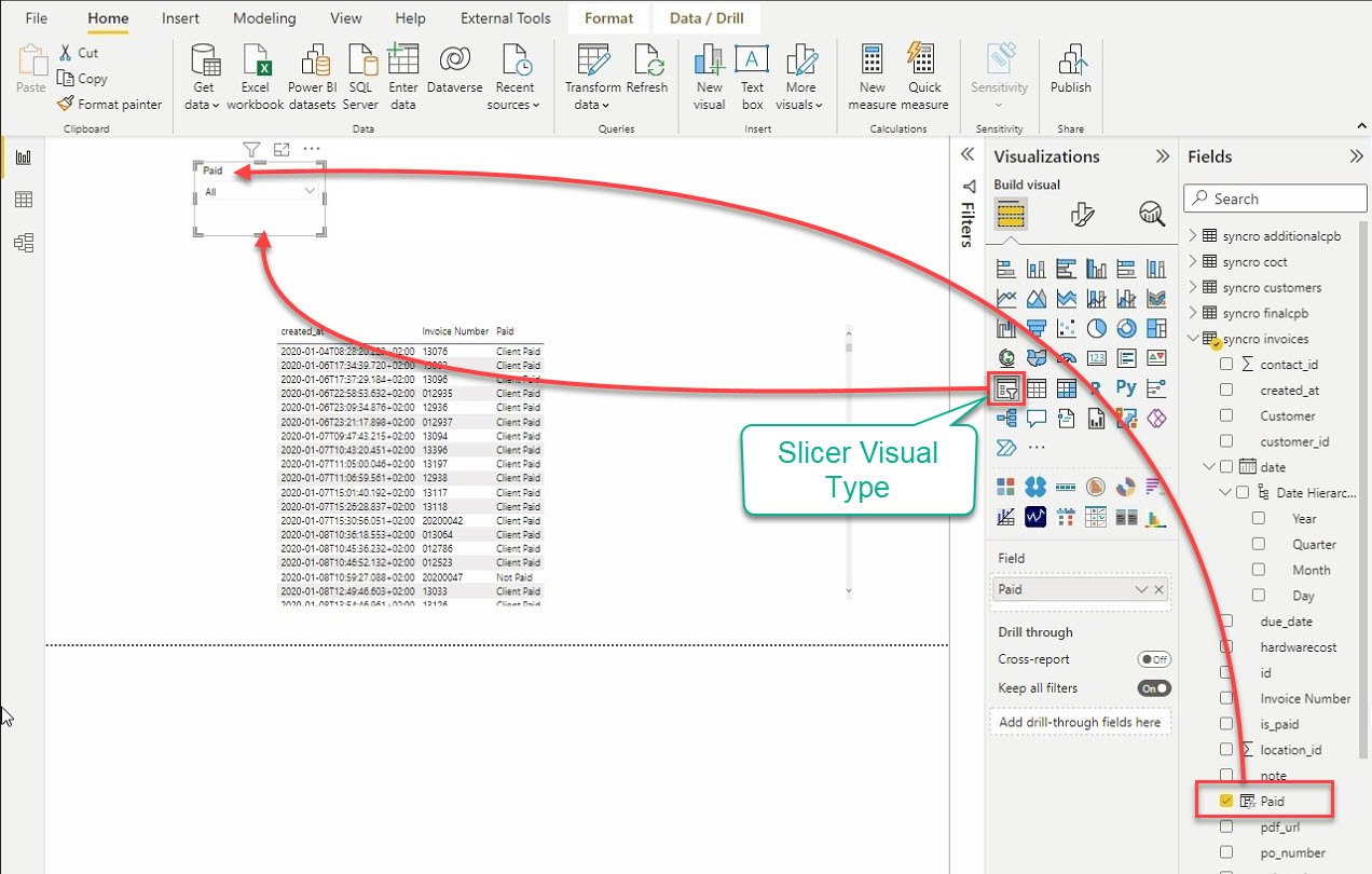 Adding a slicer visual and adding a data field