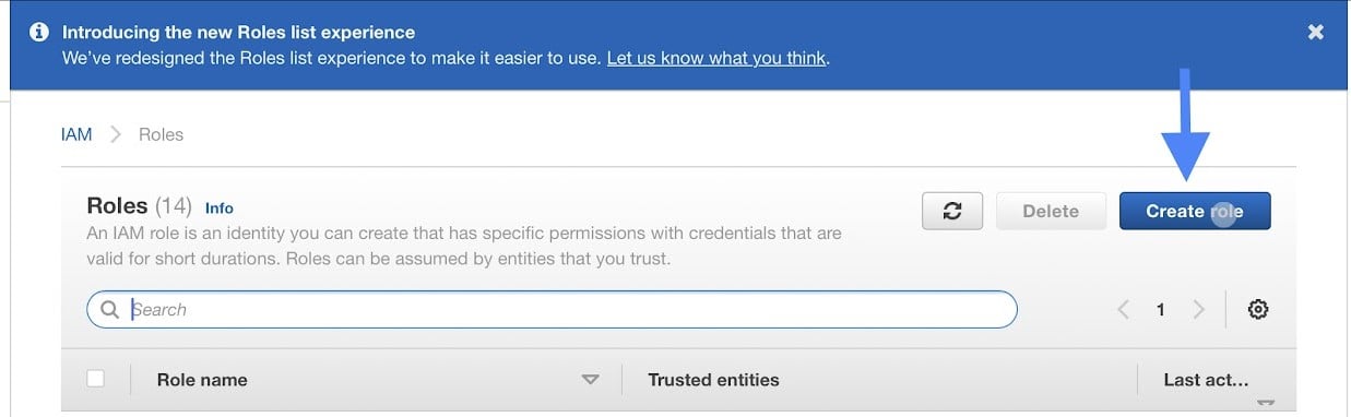 Clicking Create Role button to launch steps for creating an IAM role.