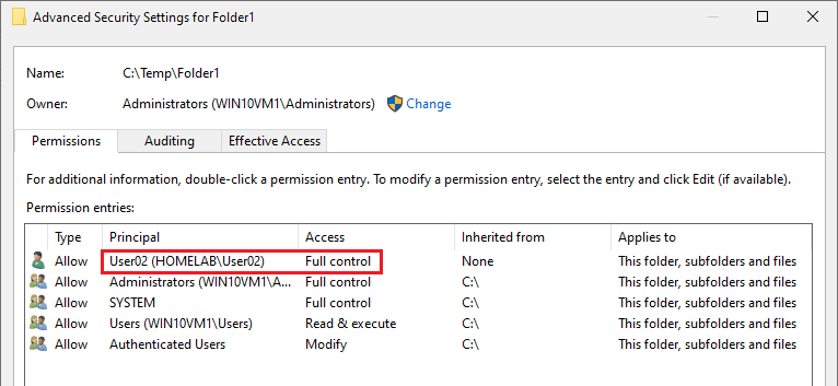 Displaying Added User with Full Permissions to Folder1