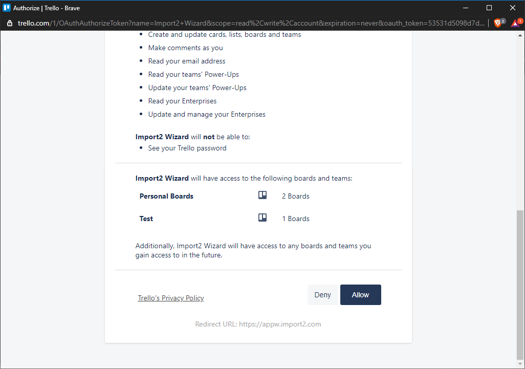Authorize Import2 Wizard's Access to Trello