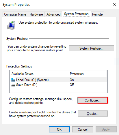 Accessing System Restore Points Configuration