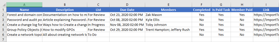 CSV file with fields for Import2 wizard