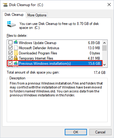Selecting Previous Windows Installation(s) to Delete