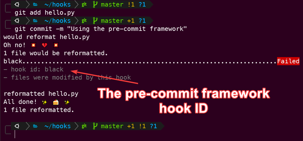 Using the pre-commit framework to run the black formatter hook.