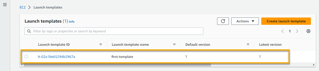 Viewing the newly-created launch template on AWS