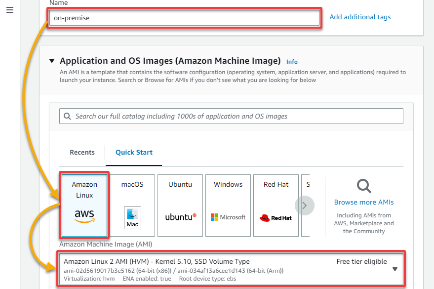 Providing the on-premises instance’s name and selecting a machine image type