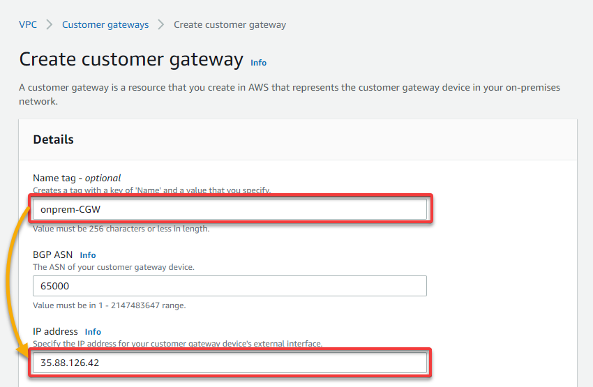 Providing a CGW name tag and the on-premises EC2 instance’s IP address