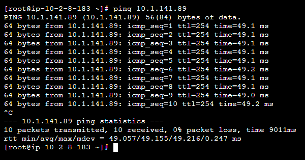 Pinging the private IP address of the aws-cloud instance from the on-premises instance