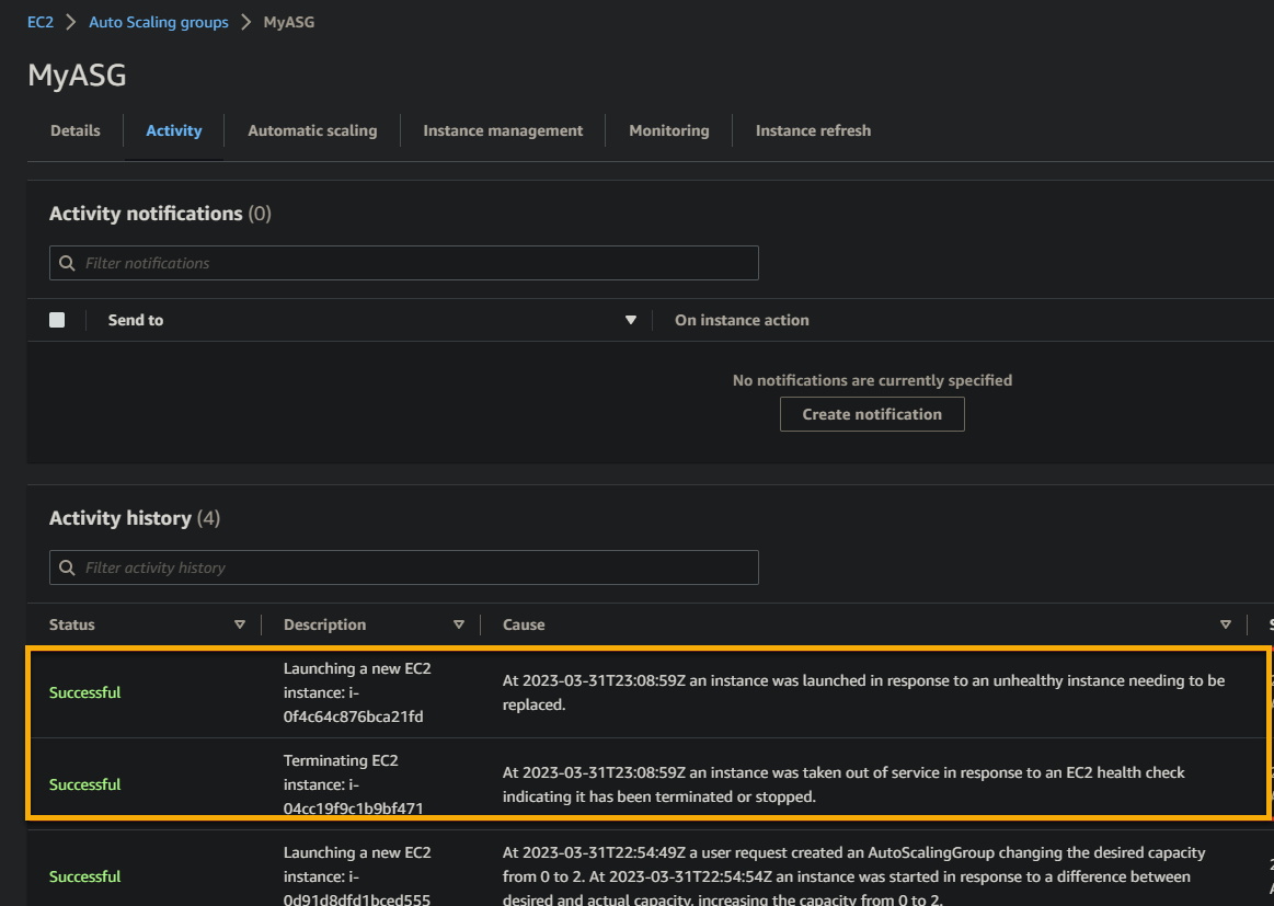 Monitoring an instance failure in ASG’s activity history 