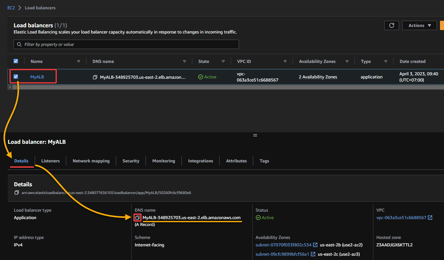 Copying the load balancer’s DSN name