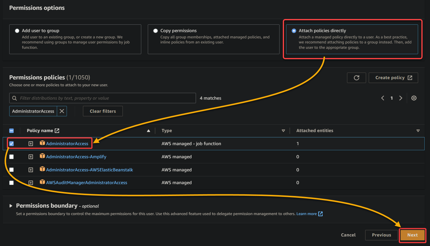 Configuring permission policies for the new user