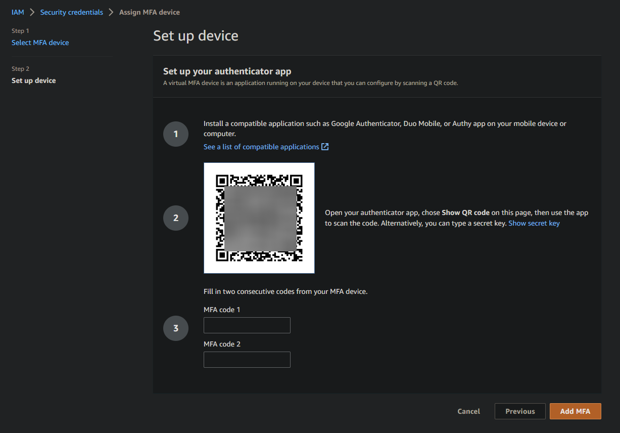 Viewing a QR code for registering an MFA device