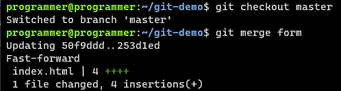 Successfully merging branches using git merge.