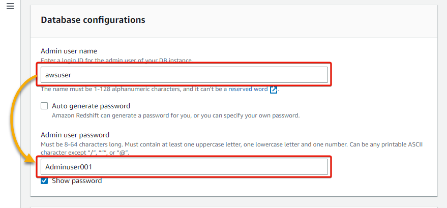 Providing an admin database username and password