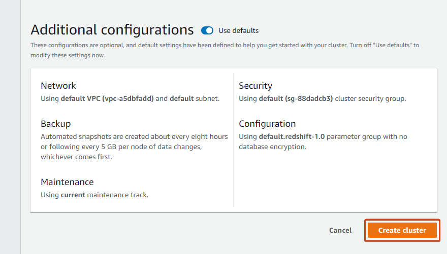 Creating the AWS Redshift cluster