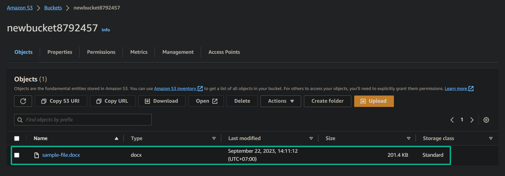 Verifying the uploaded file on the AWS S3 bucket via the AWS Management Console