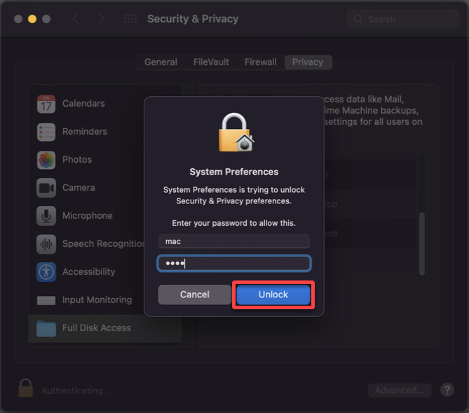 Confirming unlocking Security & Privacy preferences
