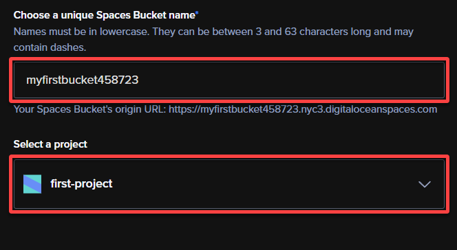 Providing a bucket name and selecting the relevant project
