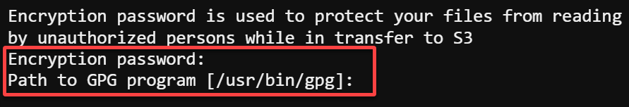 Accepting default values for the encryption password and path to the GPG program