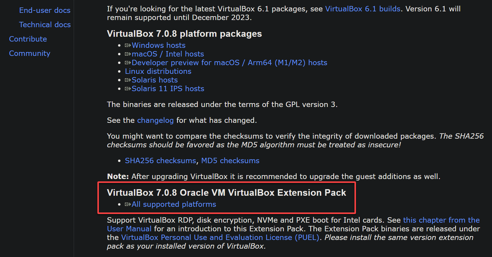 Downloading the VirtualBox Extension Pack