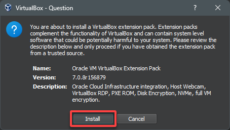 Confirming the extension pack installation process