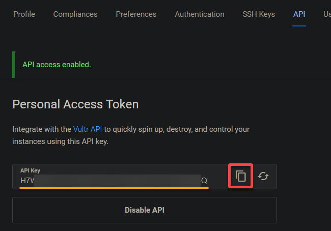 Copying the API key and saving it in a secure place