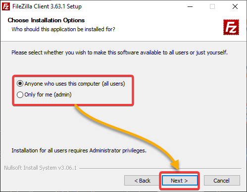 Selecting the option to install FileZilla for all users.