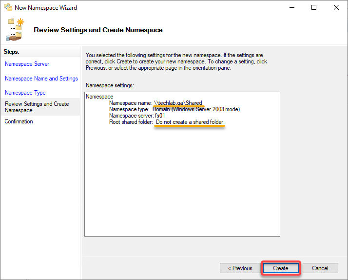 Completing namespace creation