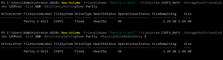 Creating Parity-1 and Parity-2 volumes