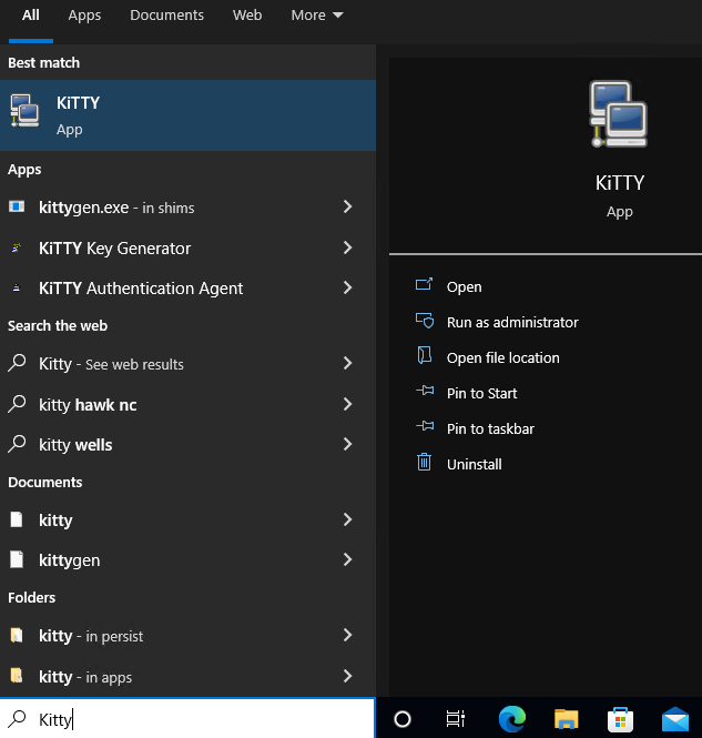 Launching the KiTTY SSH client from the start menu