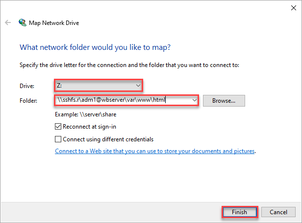 Choosing a drive letter and specifying the remote folder path