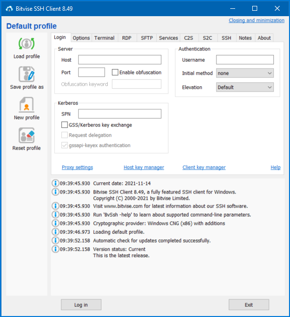 Showing the Bitvise SSH Client's Interface