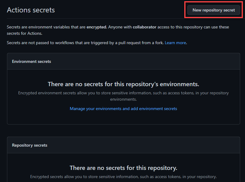 Initiating creating a new repository secret