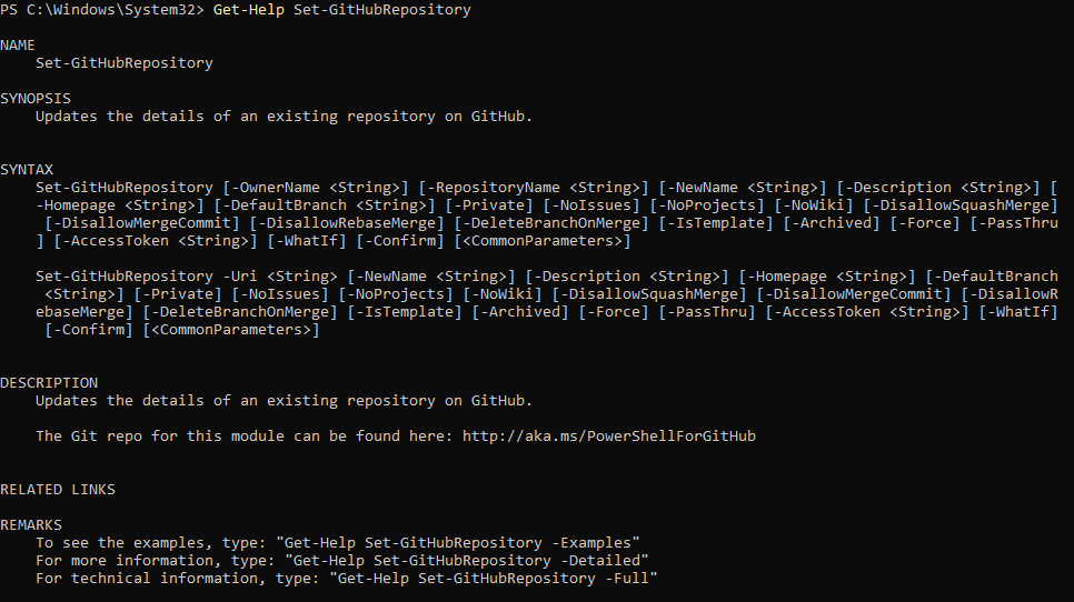 Calling the internal help for the Set-GitHubRepository cmdlet