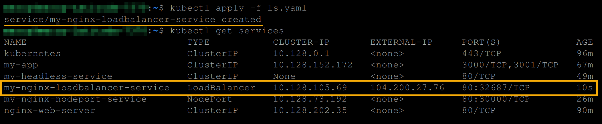 Creating and viewing the LoadBalancer service type (my-nginx-loadbalancer-service) 
