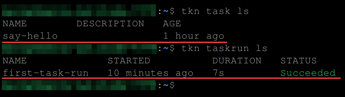 Checking the list of executed tasks and TaskRuns 