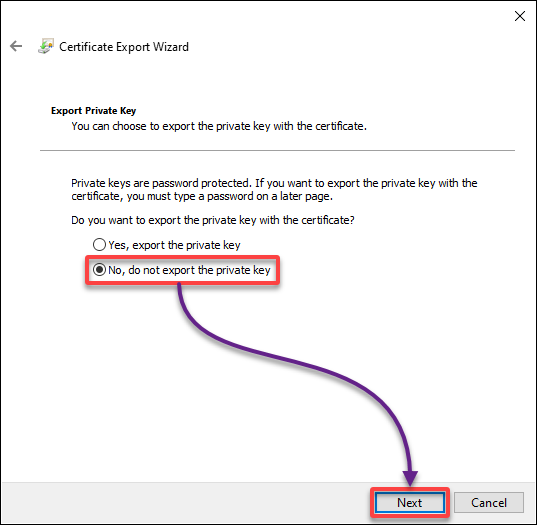 Choosing not to export the private key