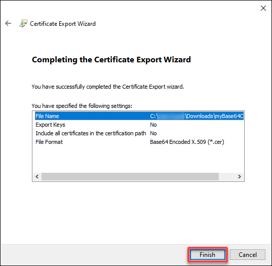 Finalizing exporting the Base64-encoded certificate