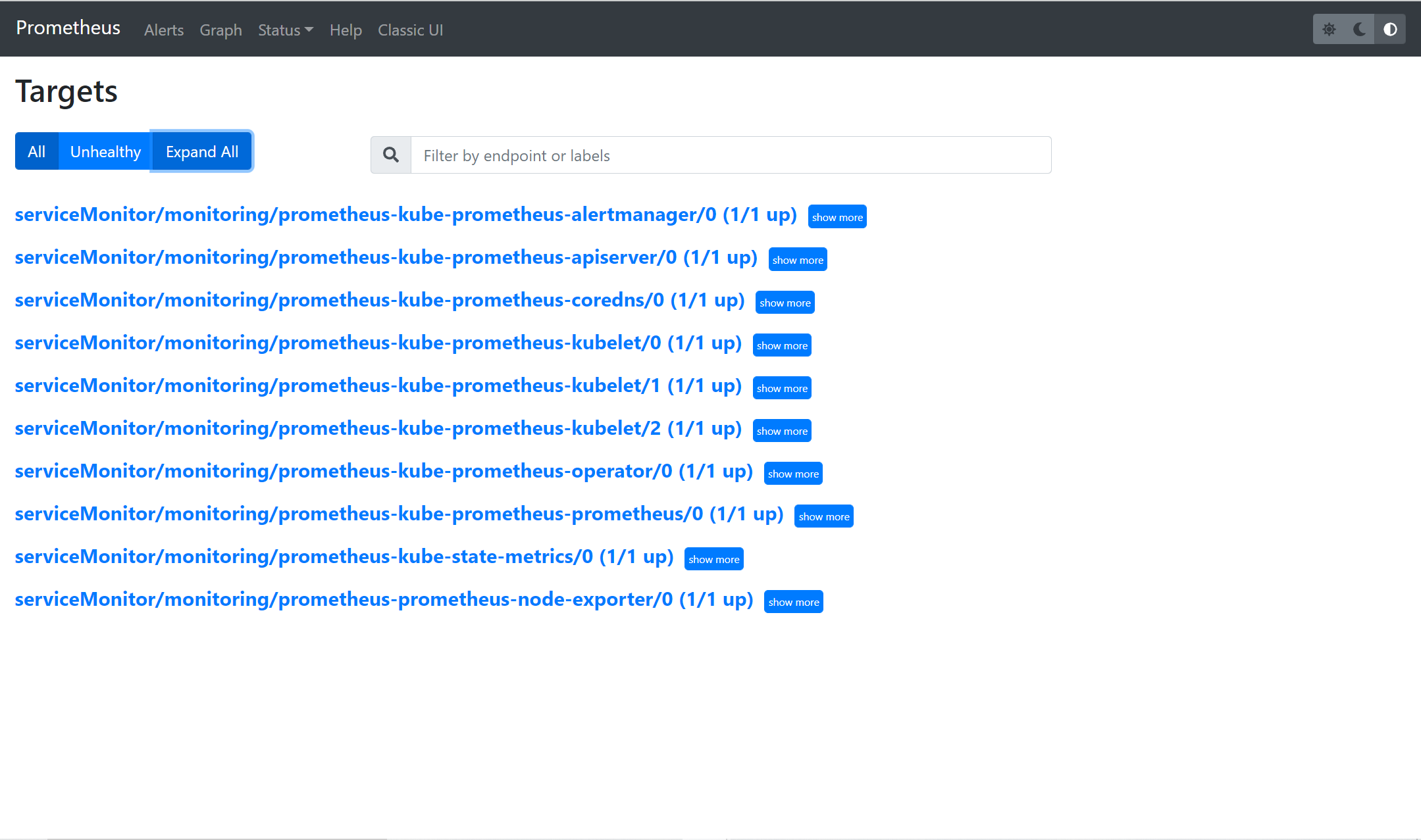 Viewing Pre-configured Monitoring Components as Prometheus Targets