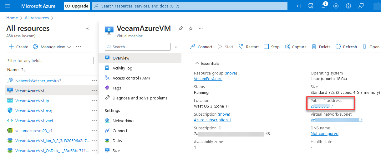 Copying the Veeam For Azure public IP address 