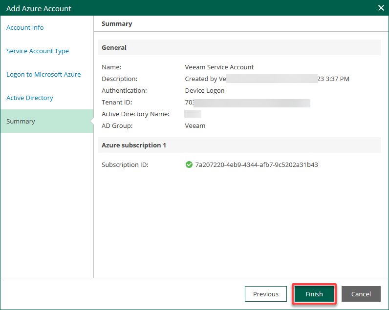 Finalizing adding an Azure service account