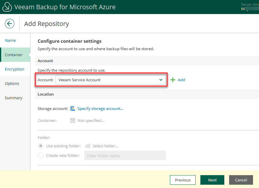 Specifying the Azure service account