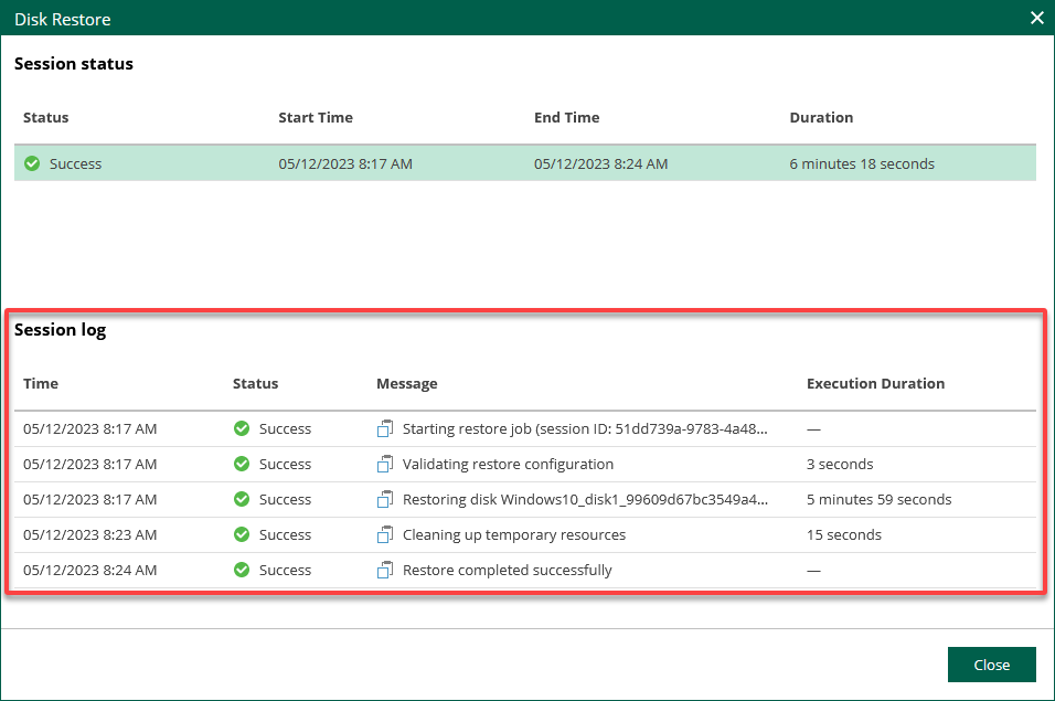 Viewing the session log details