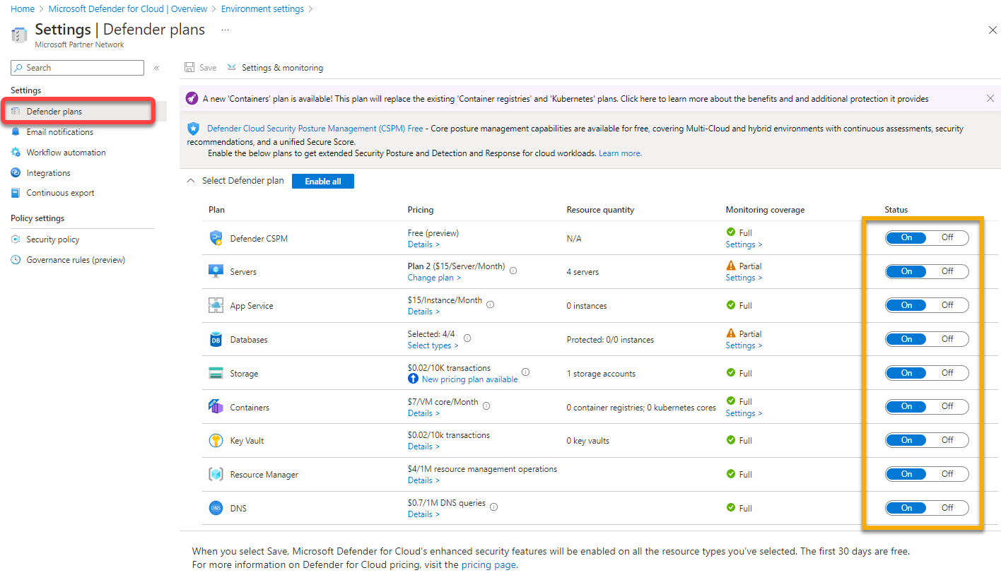 Reviewing the Microsoft Defender for Cloud subscription plan settings