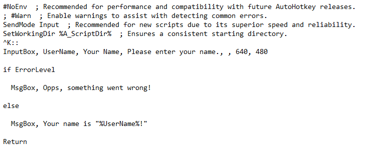 AutoHotkey script creating an InputBox for user's name