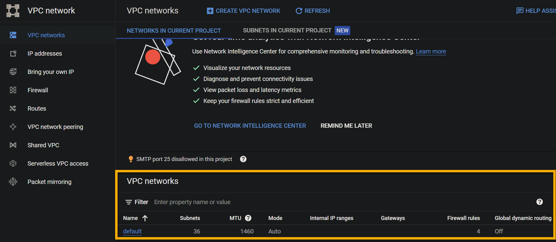 Viewing the list of all VPC networks