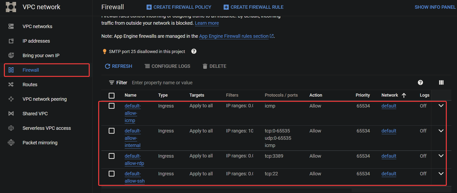 Viewing the firewall rules