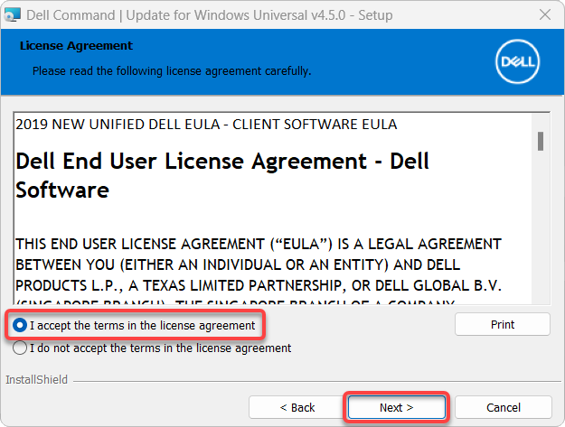 Accepting Dell Command Update End User License Agreement