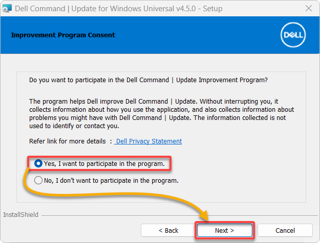 Dell Update Improvement Program selection in Dell Command Update